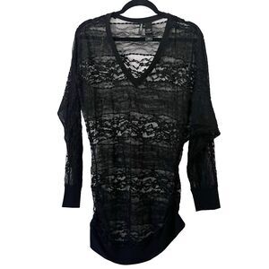 Y2K BISOU BISOU  GOTHIC BLACK  FLORAL LACE  TUNIC BLOUSE  TOP STRETCH L‎